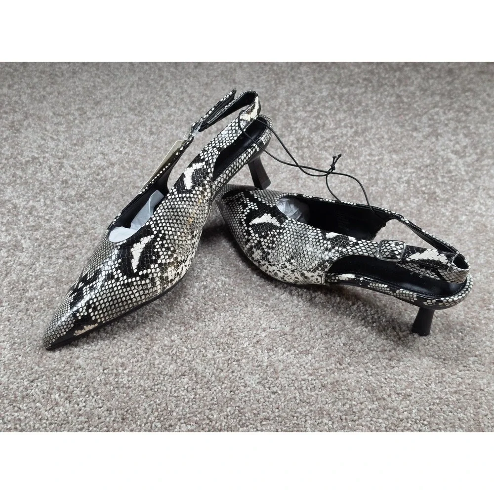 A New Day Samantha Snakeskin Slingback Kitten Heels Cream Black Pointed Toe 6